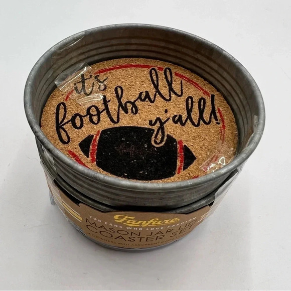 “It’s Football Y’all” Mason Jar Lid COASTER Set Absorbent Cork‎ Lining Red/Black - Picture 1 of 5